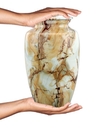 Marble Finish Keepsake Cremation Urn Placed on a Table