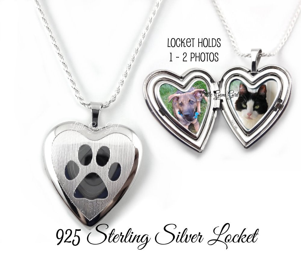 Sterling Silver Pet Locket Personalized with your Photos by Little Gem Girl - Paw Print Heart Necklace