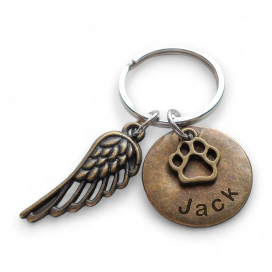 Custom Bronze Paw & Wing Charm Keychain with Engraved Disc, Pet Loss Gift, Dog Memorial Keychain