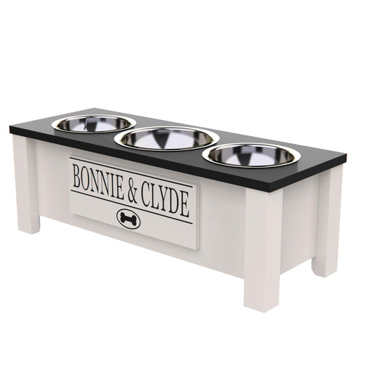 Personalized Elevated Triple Dog Bowl Stand for Large, Medium, Small, X-Small Dogs - 3 Stainless Steel Food and Water Bowls - Raised Dog Dish Internal Storage (Medium, Black)