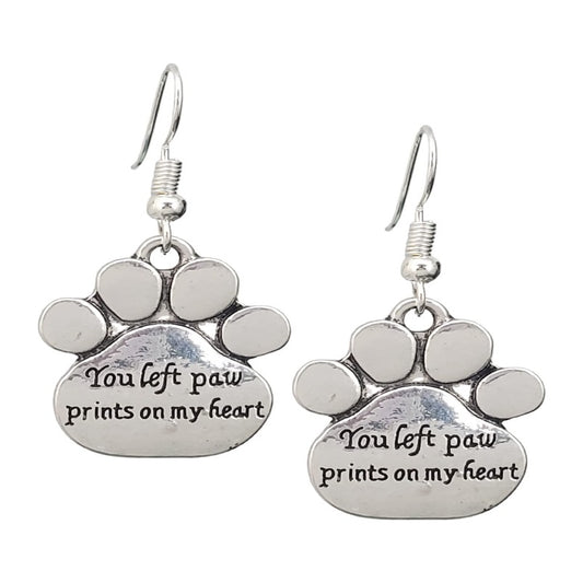 You Left Pawprints on My Heart Pet Dog Cat Memorial Antique Silver Tone Handmade Dangle Earrings