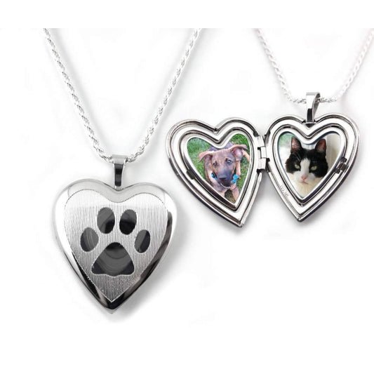 Sterling Silver Pet Locket Personalized with your Photos by Little Gem Girl - Paw Print Heart Necklace