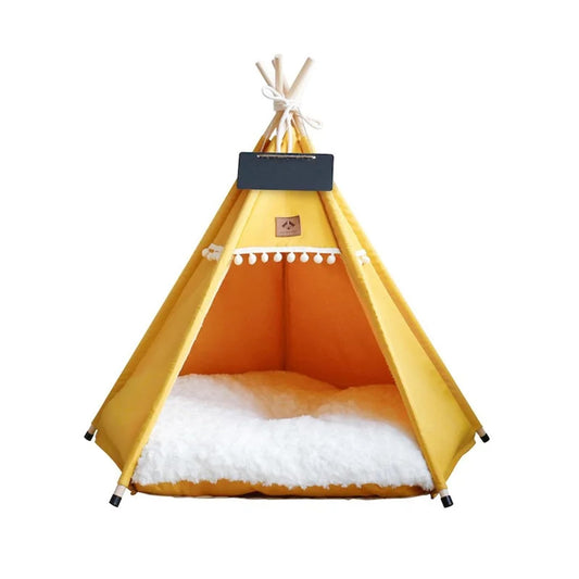 Cozy Pet Cat Tent Dog House Bed with Thick Cushion - Perfect Retreat for Deep Sleeping Indoors Canvas Soft Indian Puppy Teepee Pet Supplies (60x60x70cm, Yellow)