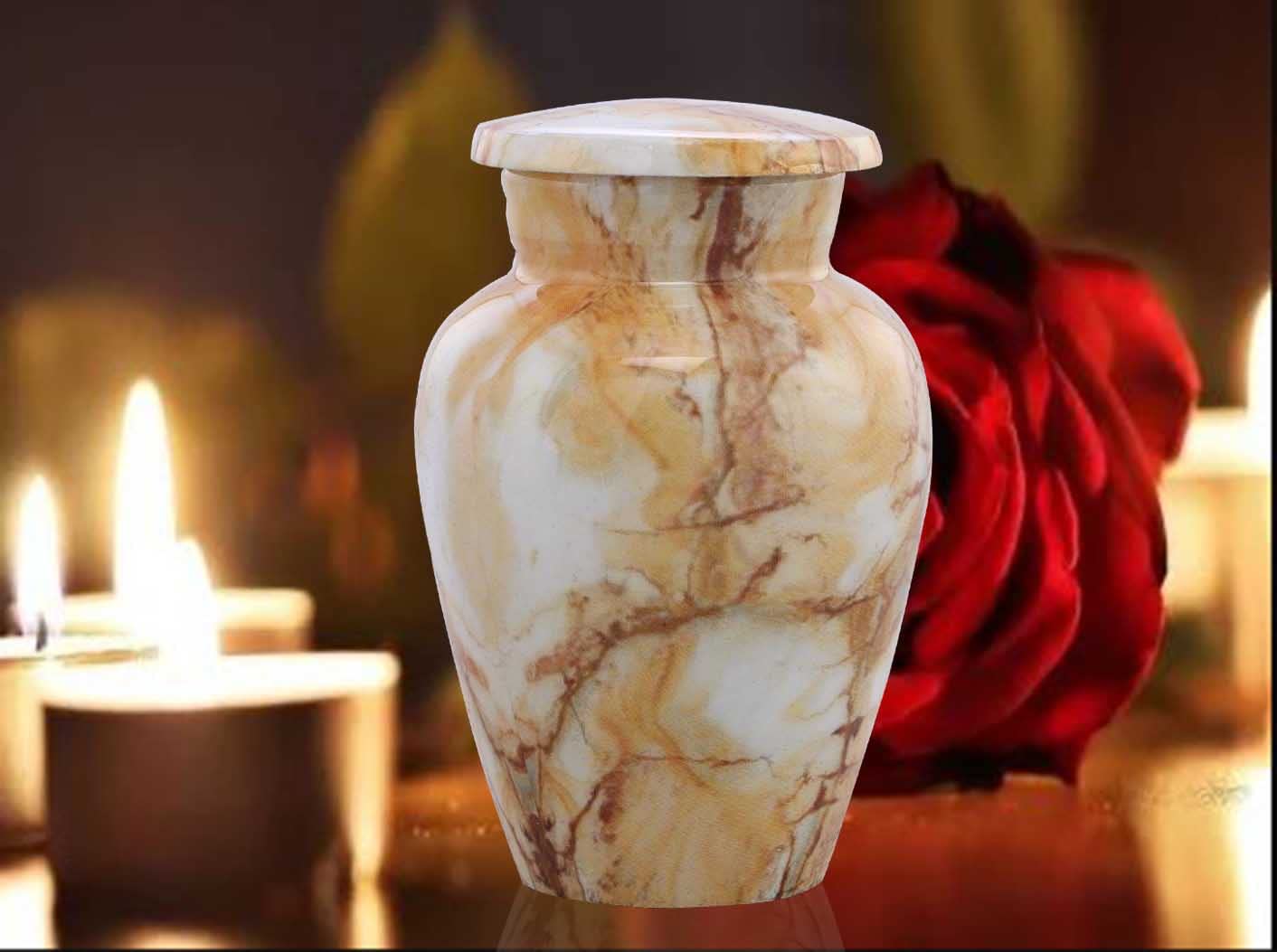 Marble Finish Keepsake Cremation Urn for Pet Ashes Placed on A Table