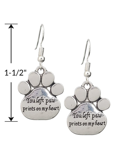 You Left Pawprints on My Heart Pet Dog Cat Memorial Antique Silver Tone Handmade Dangle Earrings