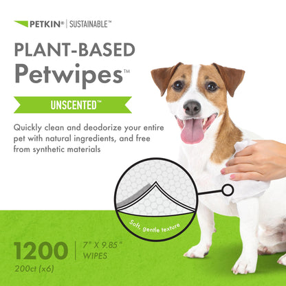 Petkin Plant Based Pet Wipes, 200 Wipes- 6 Count, Unscented