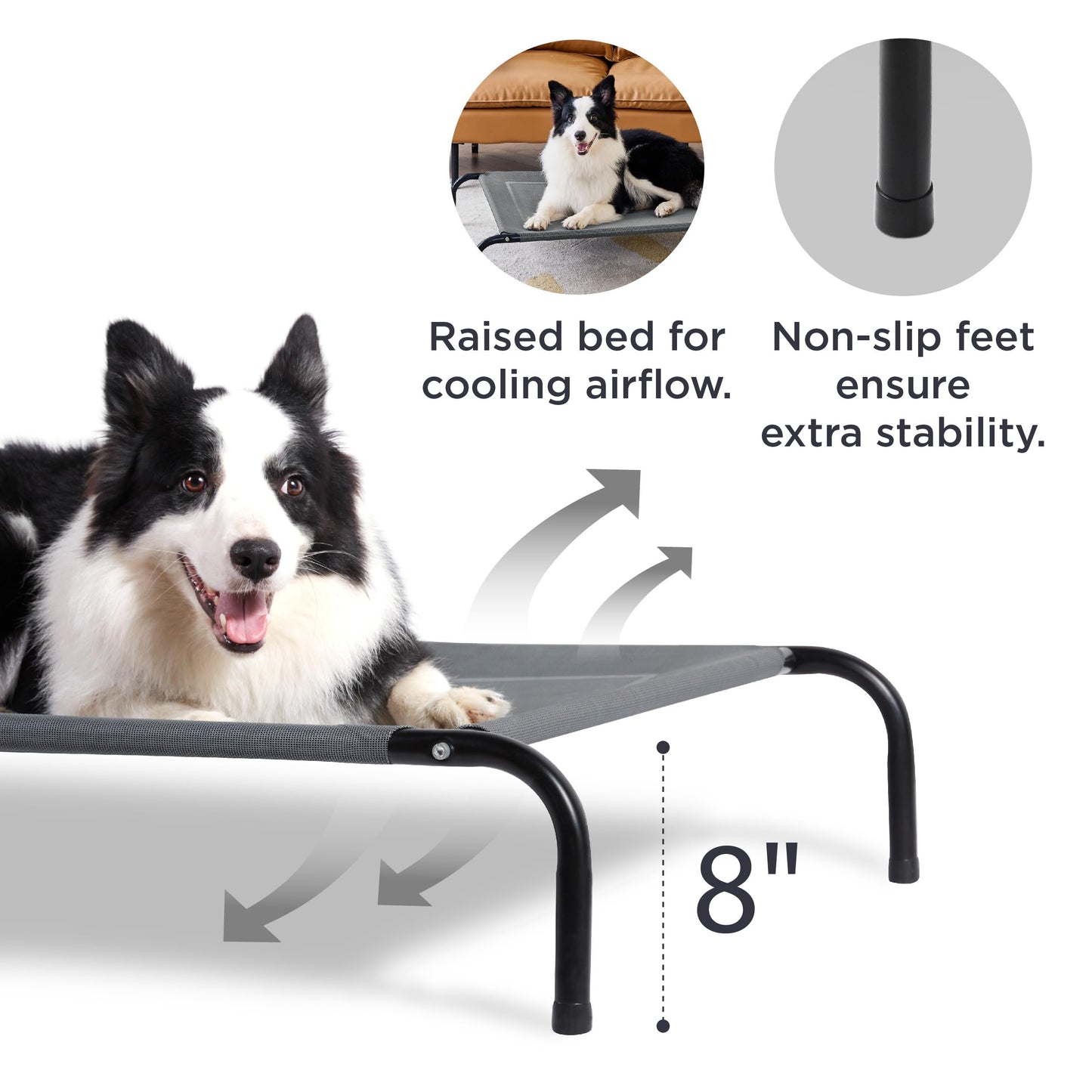 Bedsure Elevated Raised Cooling Cots Bed for Large Dogs, Portable Indoor & Outdoor Pet Hammock with Skid-Resistant Feet, Frame with Breathable Mesh, Grey, 49 inches