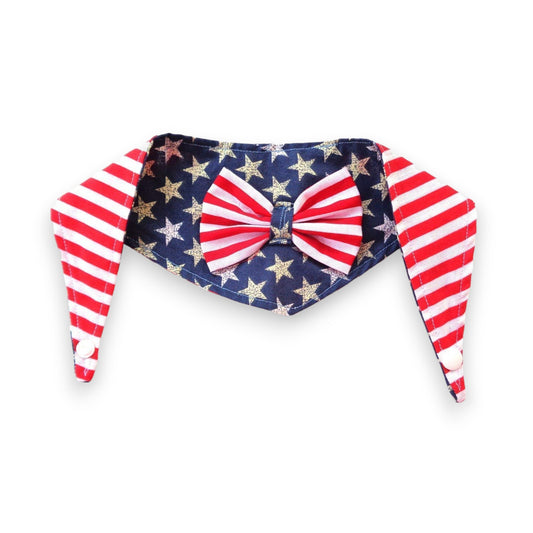 Tie On Snap Closure 2 in 1 Cat Dog Bow Collar July 4th Stars Stripes Patriotic Red White Blue Patriotic Fashion