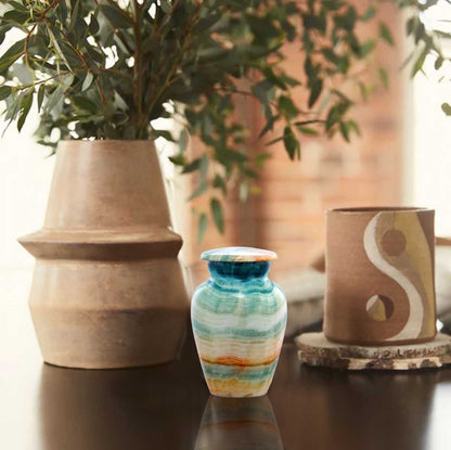 Marble Finish Cremation Urn  on the Table