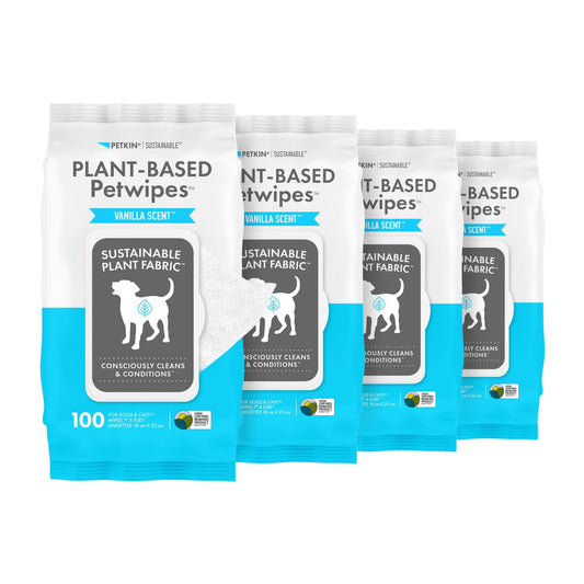 Petkin Plant-Based PetWipes, 100 Wipes, 4 Pack - Biobased, Sustainable, Big & Thick Pet Wipes for Dogs & Cats - for Face, Paws, Ears, Body & Eye Area - Consciously Cleans & Conditions - Vanilla