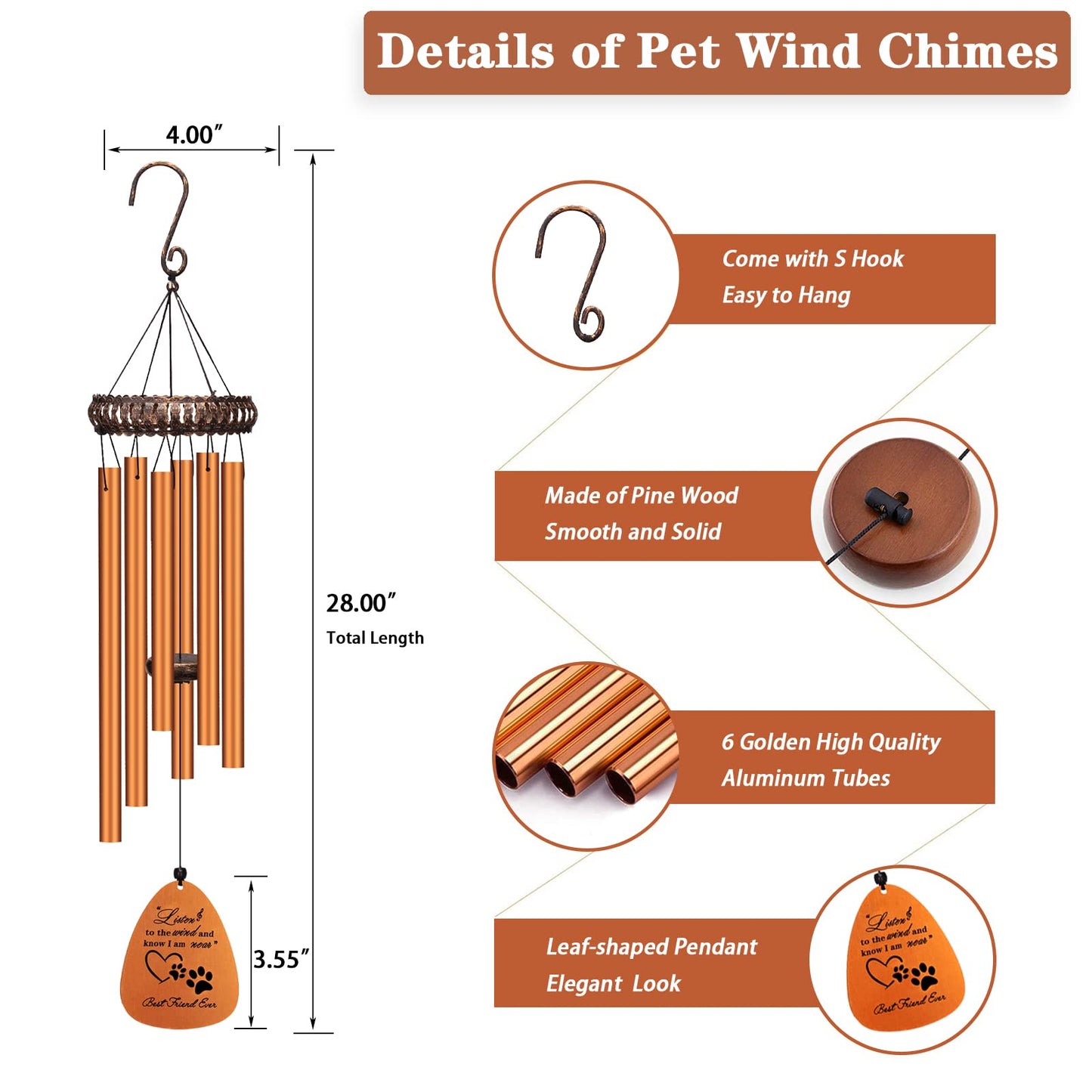 28" Pet Memorial Wind Chimes, Dog Memorial Gifts, Pet Loss Gifts