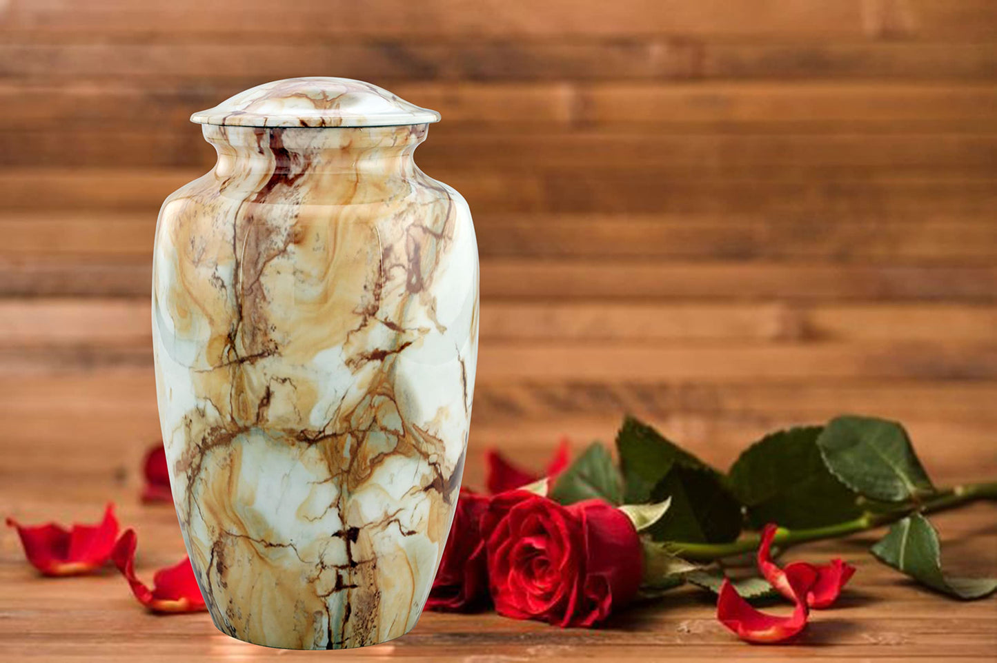 Marble Finish Keepsake Cremation Urn Placed on a Table