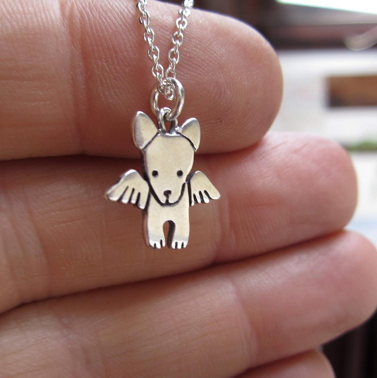 Mark Poulin Sterling Silver Angel Dog Charm Necklace on 16" 18" 20" Adjustable Sterling Silver Chain - Memorial Pet Charm for Women and Girls