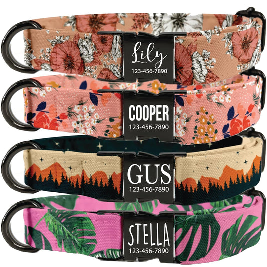 Personalized Floral Dog Collar With Metal Buckle, Handmade Laser Engraved