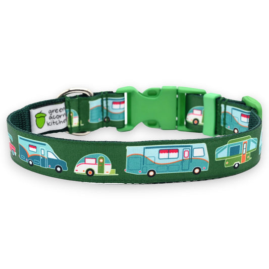 RV Camping Dog Collar - Green Camper Collar - Vintage Car & Trailer - Motorhome - Teardrop Camper - Pop-Up Tent Trailer - 4 Sizes - Adjusts 9 Inches to 27 Inches - 1 Inch Wide (Small 9-13")