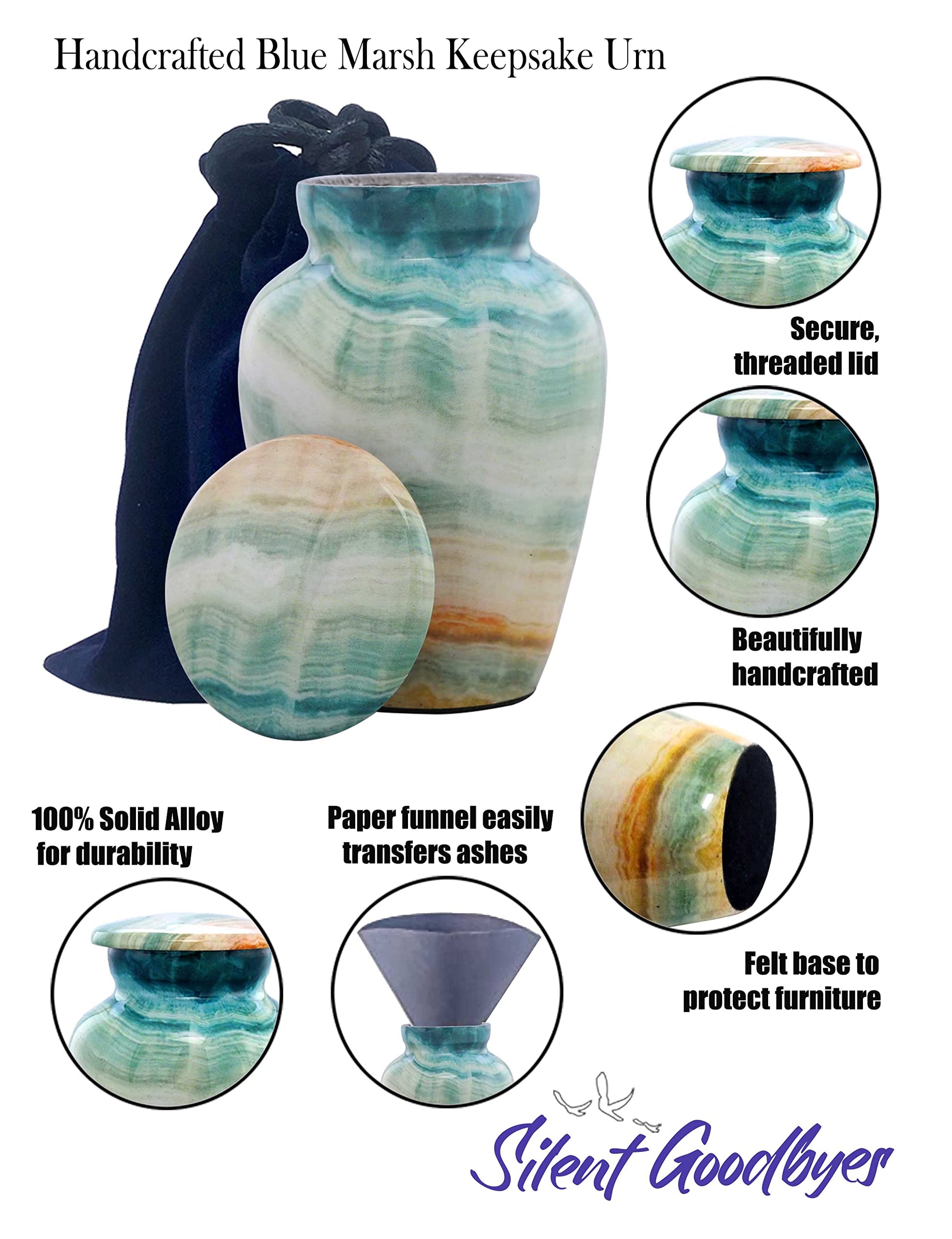 Handcrafted Blue Marsh Marble finish Cremation Urn with featured explained