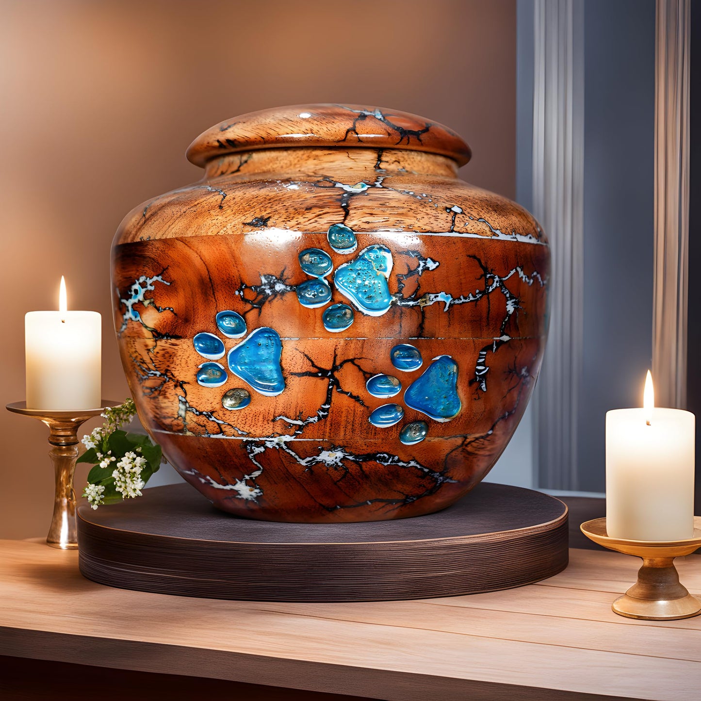 Engraved Wooden Cremation URN  with burning candle's