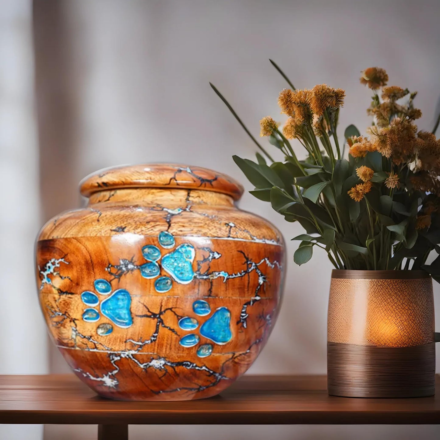 Simple and elegant wooden urn with a paw print design