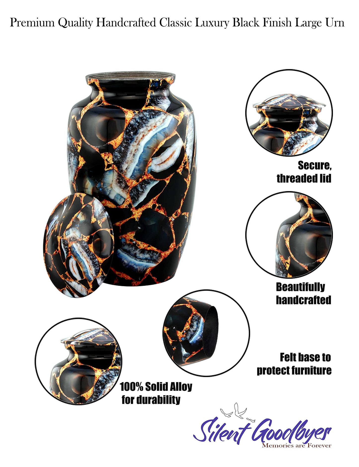 Premium Classic Black Finish Large Cremation Urn product details