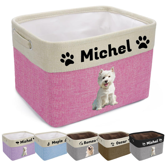 Personalized Dog Toy Basket with Pet's Name, Custom Dog Toy Bin, Sturdy Foldable Collapsible Storage Box, Dog Toy Box with Handles for Dog Toys, Dog Clothing, Dog Apparel, Accessories (Pink)