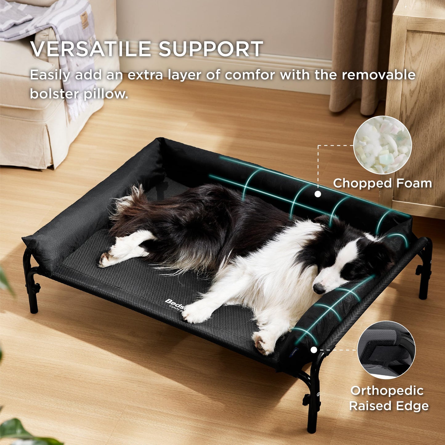 Bedsure Elevated Raised Cooling Cots Bed for Large Dogs, Portable Indoor & Outdoor Pet Hammock with Skid-Resistant Feet, Frame with Breathable Mesh, Grey, 49 inches