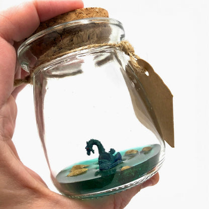 1 Inch Loch Ness Monster Desk Pet Nessie in Glass Jar with Collected in Scotland Tag